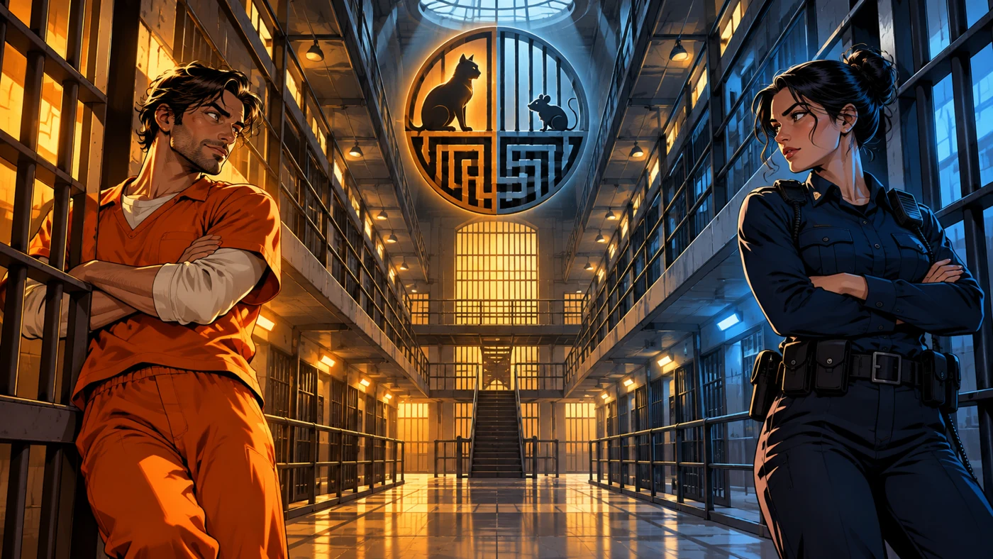 An inmate and officer face a strategic rivalry in a stylized cellblock